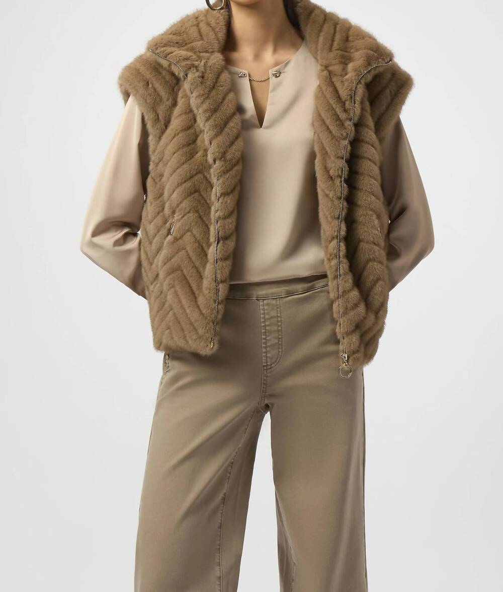 NEW JOSEPH RIBKOFF chevron zip up faux fur vest in mink